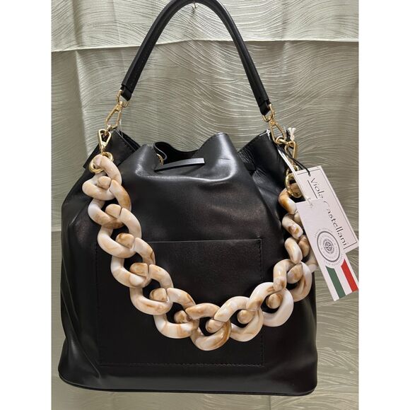 NWT Viola Castellani smooth black leather bucket bag - Picture 3 of 12